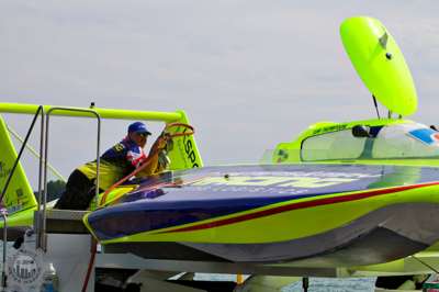 Beautiful fluorescent unlimited hydroplane, piloted by Tom Thompson